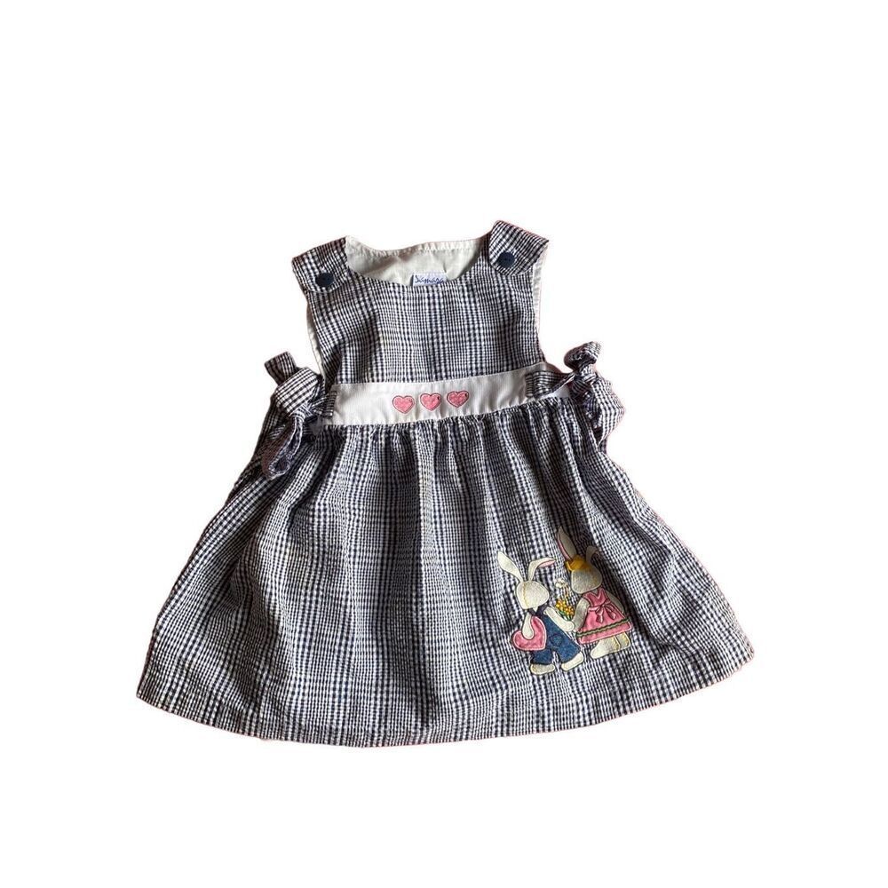 Samara vintage toddler girls, blue and white gingham, heart bunny dress 4T